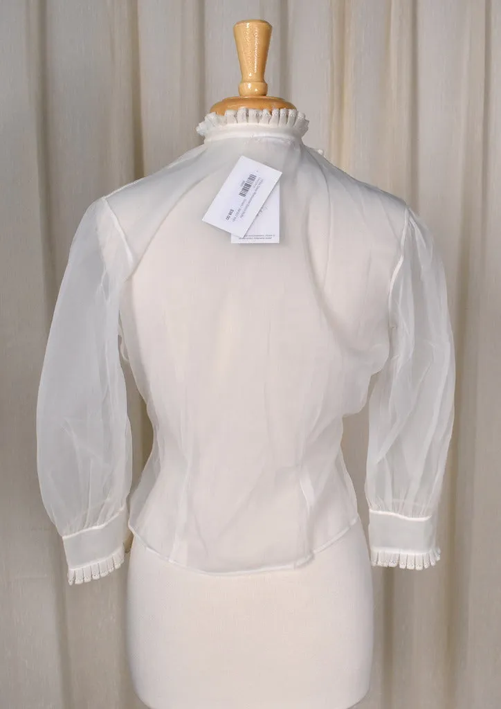 1950s Sheer Rhinestone Button Ruffle Blouse