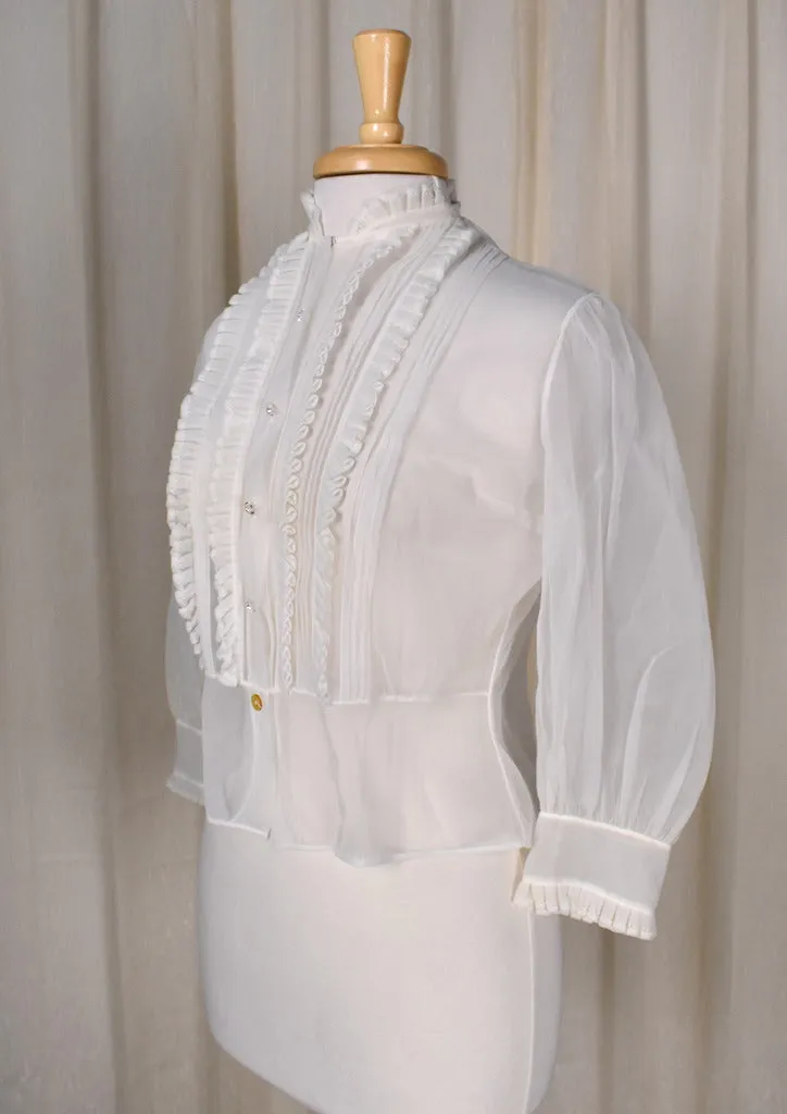 1950s Sheer Rhinestone Button Ruffle Blouse