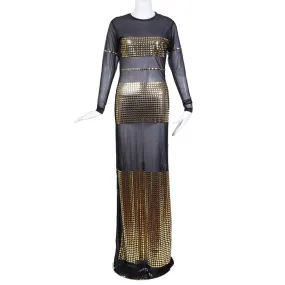 1990s Sheer Black and Gold Studded Gown