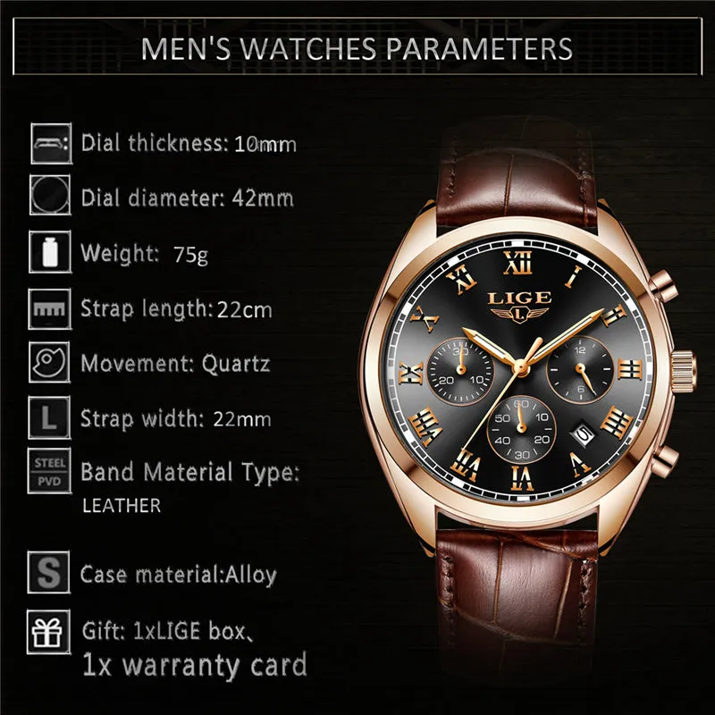 2023 Lige Watches Men Luxury Watch For Men Waterproof Chronograph Quartz Fashion Leather Wristwatch 