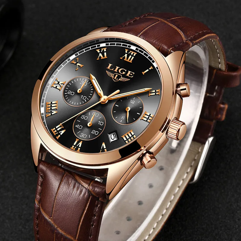 2023 Lige Watches Men Luxury Watch For Men Waterproof Chronograph Quartz Fashion Leather Wristwatch 