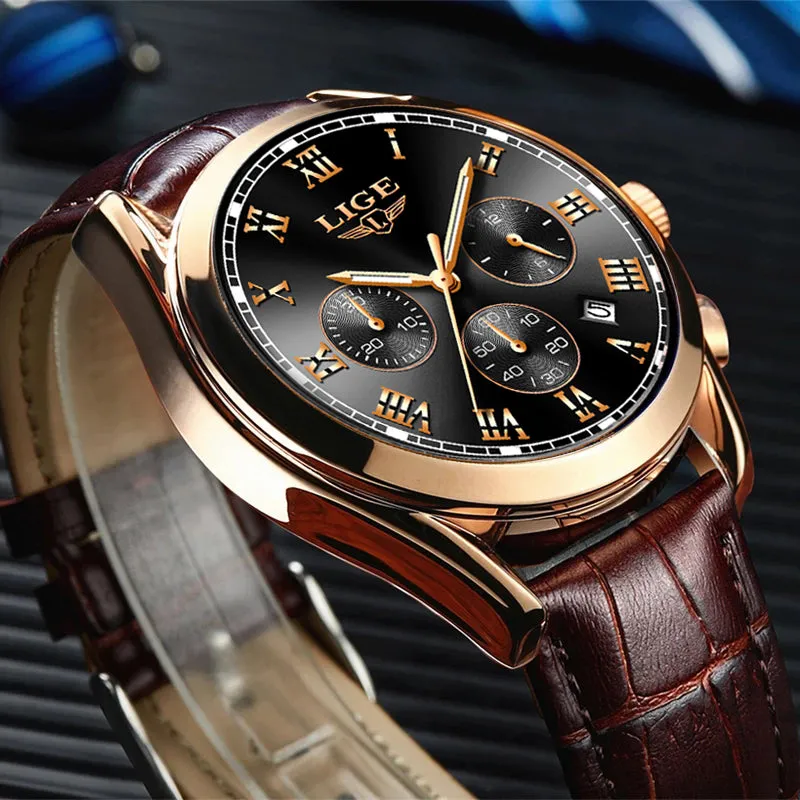 2023 Lige Watches Men Luxury Watch For Men Waterproof Chronograph Quartz Fashion Leather Wristwatch 