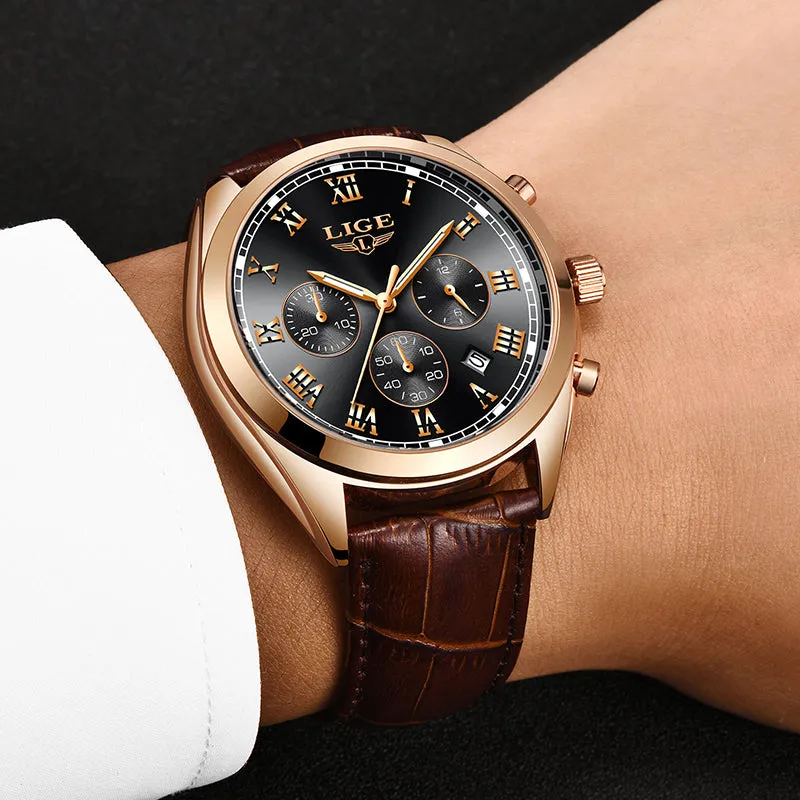 2023 Lige Watches Men Luxury Watch For Men Waterproof Chronograph Quartz Fashion Leather Wristwatch 