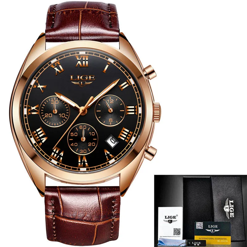 2023 Lige Watches Men Luxury Watch For Men Waterproof Chronograph Quartz Fashion Leather Wristwatch 