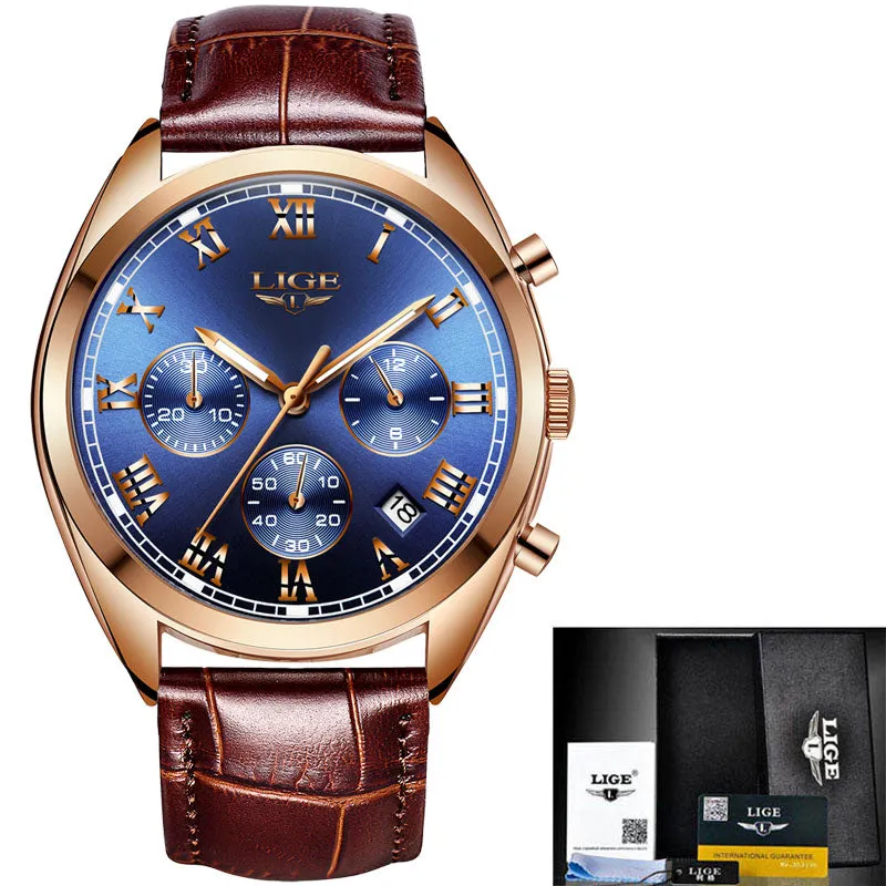 2023 Lige Watches Men Luxury Watch For Men Waterproof Chronograph Quartz Fashion Leather Wristwatch 