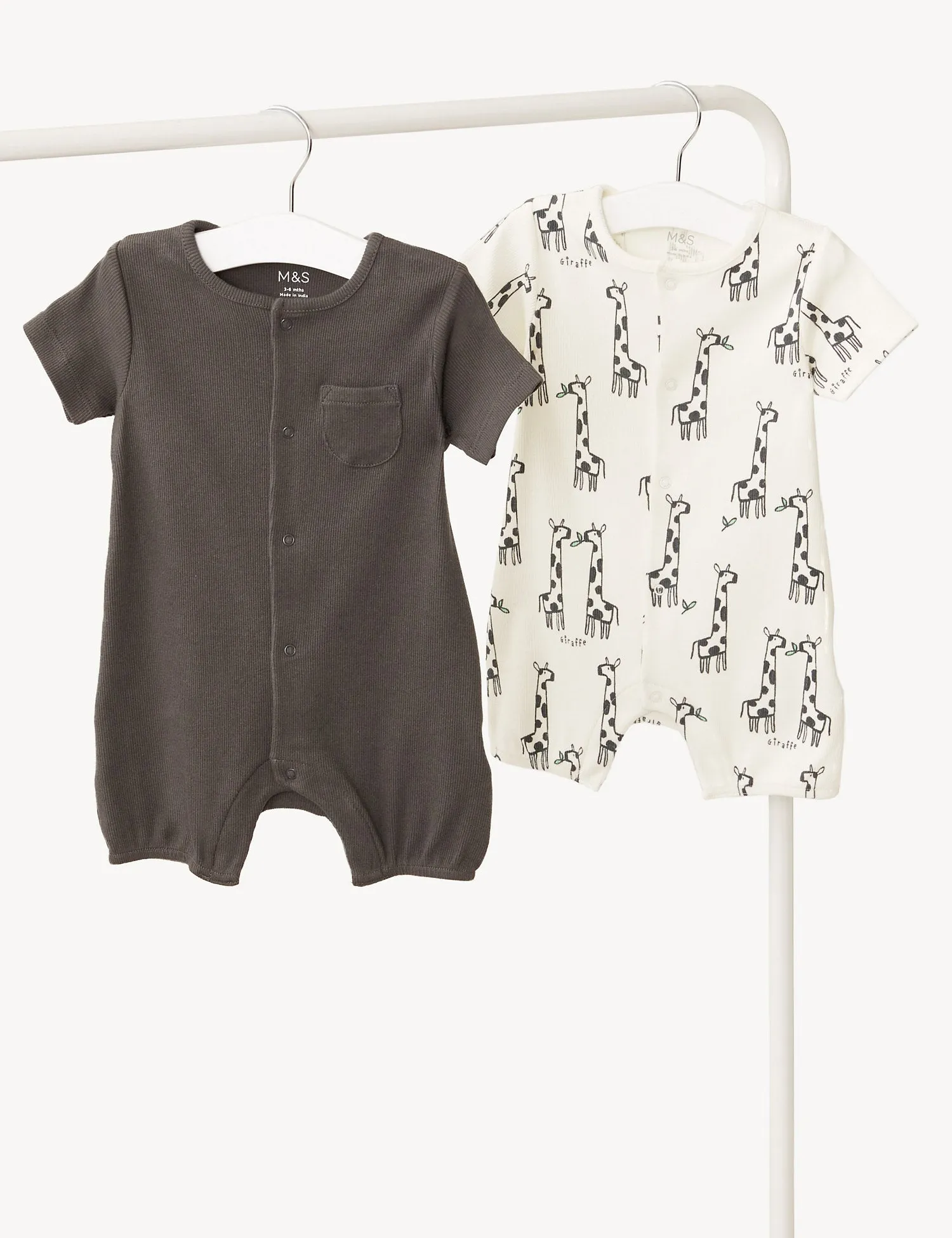 2pk Cotton Rich Plain & Animal Rompers