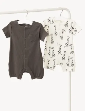 2pk Cotton Rich Plain & Animal Rompers