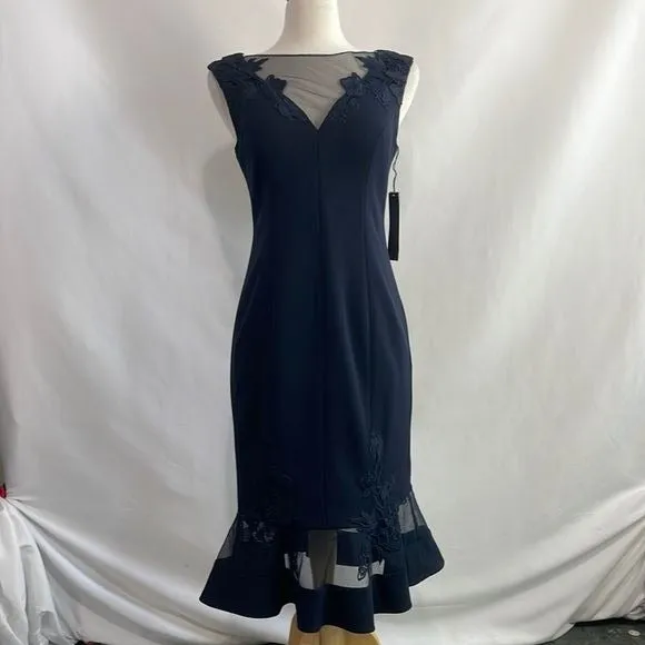 Aidan Mattox NWT Navy Sheer Top Lace Midi Dress