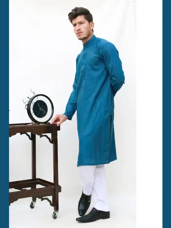 AM Men's Festive Plain Kurta Bright Sea Blue