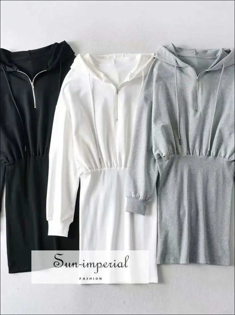 Black Half Zip front Mini Hoodie Sweat Dress Drop Shoulder Hooded Sweat Sporty Mini Dress