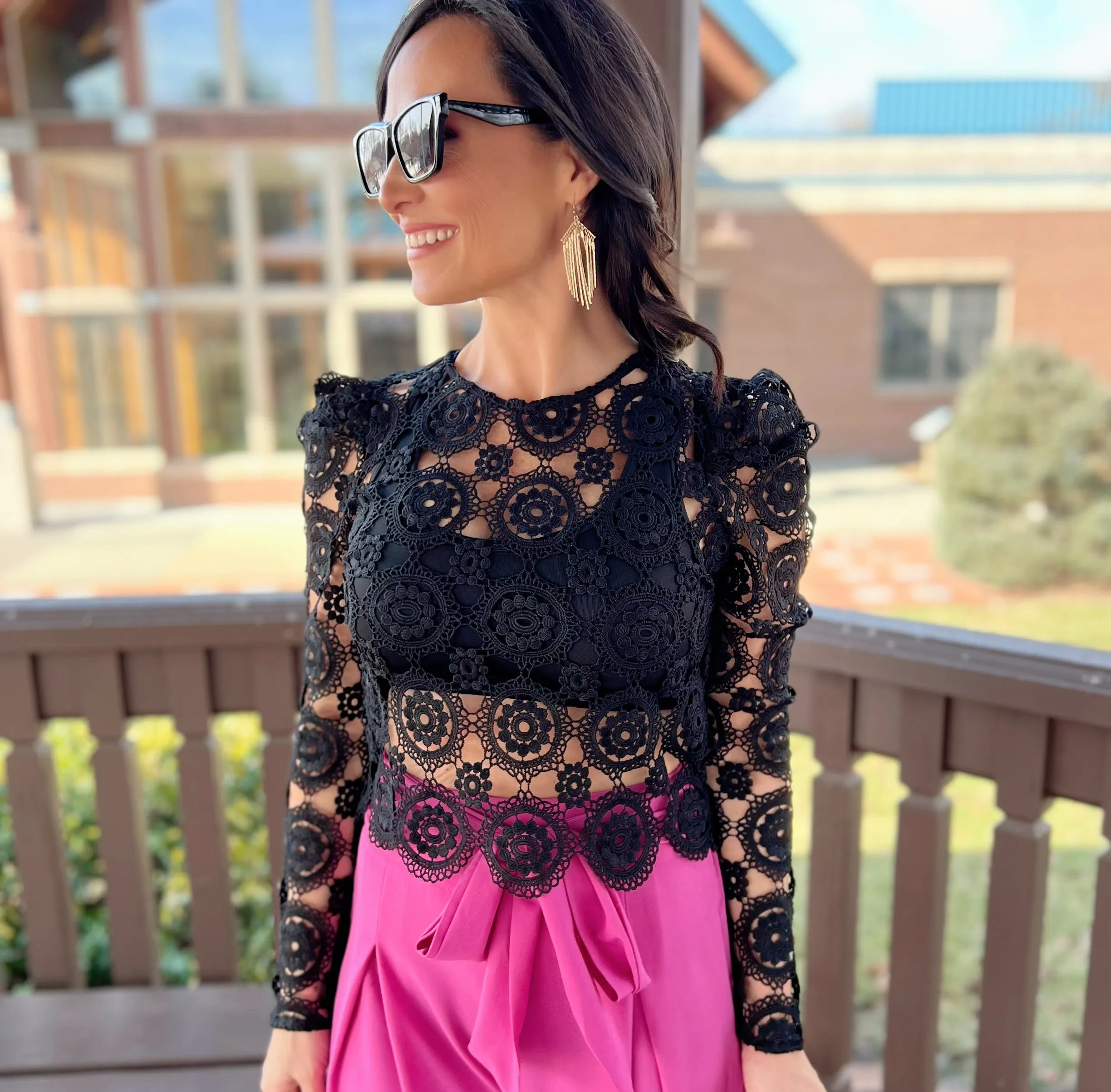 Black Scalloped Sheer Lace Crop Top