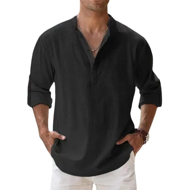 Black Stylish Cotton Linen Full Sleeves Regular Fit Short Kurta Shirt