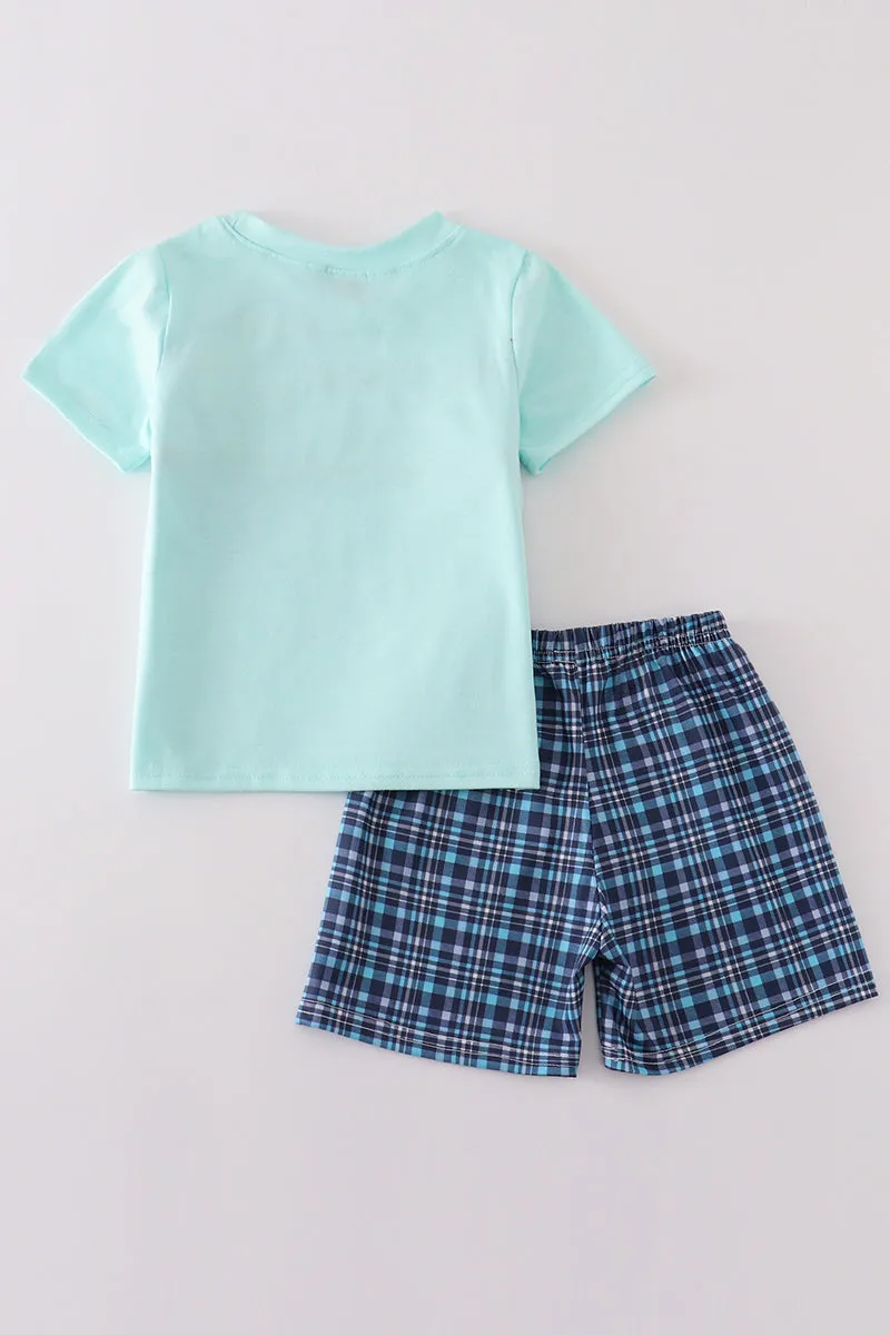 Blue plaid ABC embroidery boy set