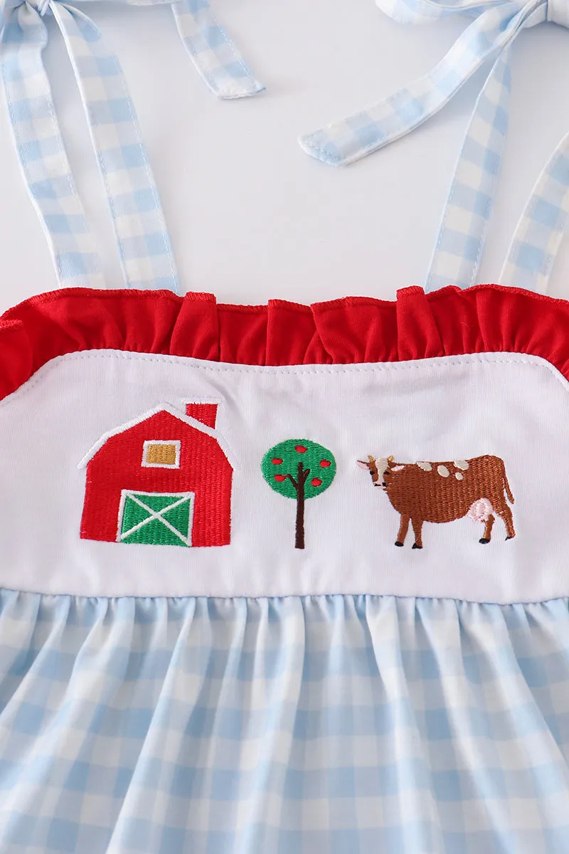 Blue plaid farm embroidery tiered dress