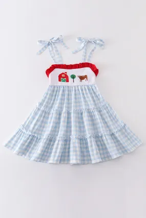 Blue plaid farm embroidery tiered dress