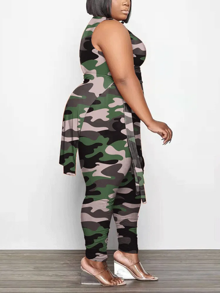 Camouflage Print Sleeveless Irregular Set