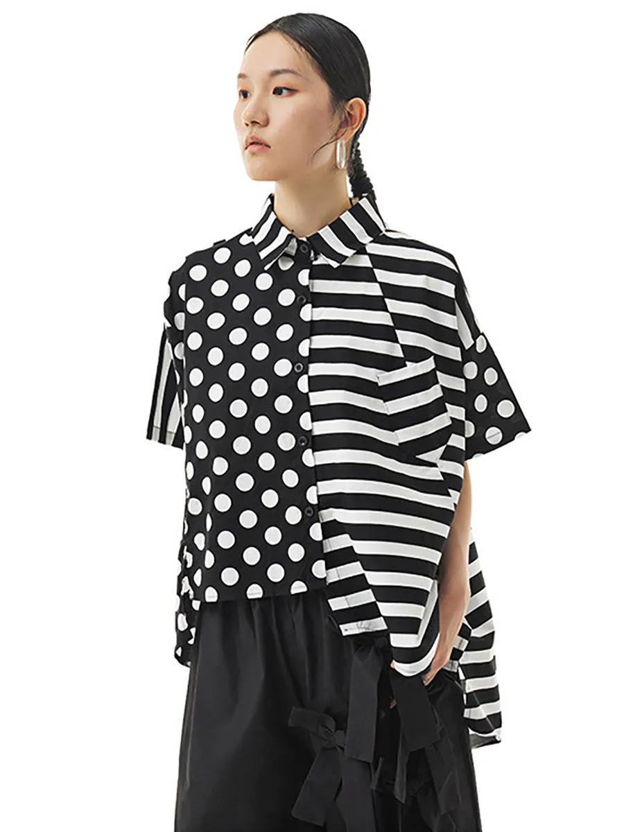 Cotton Stripe Dot Loose Irregular Women Shirt