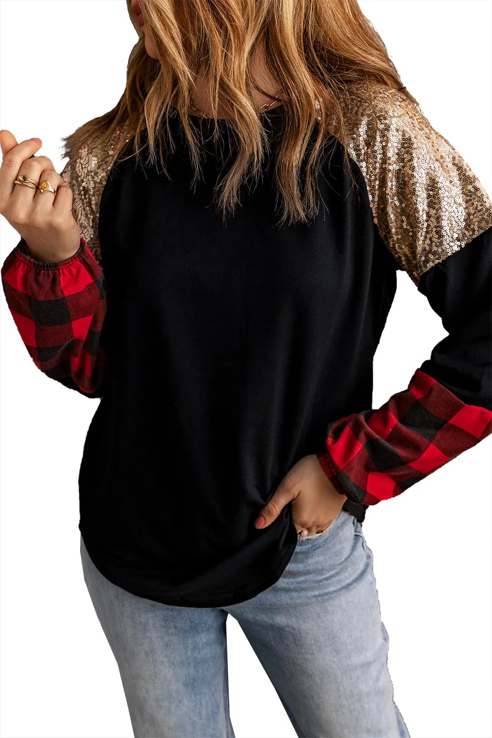 Crewneck Plaid Splicing Blouse