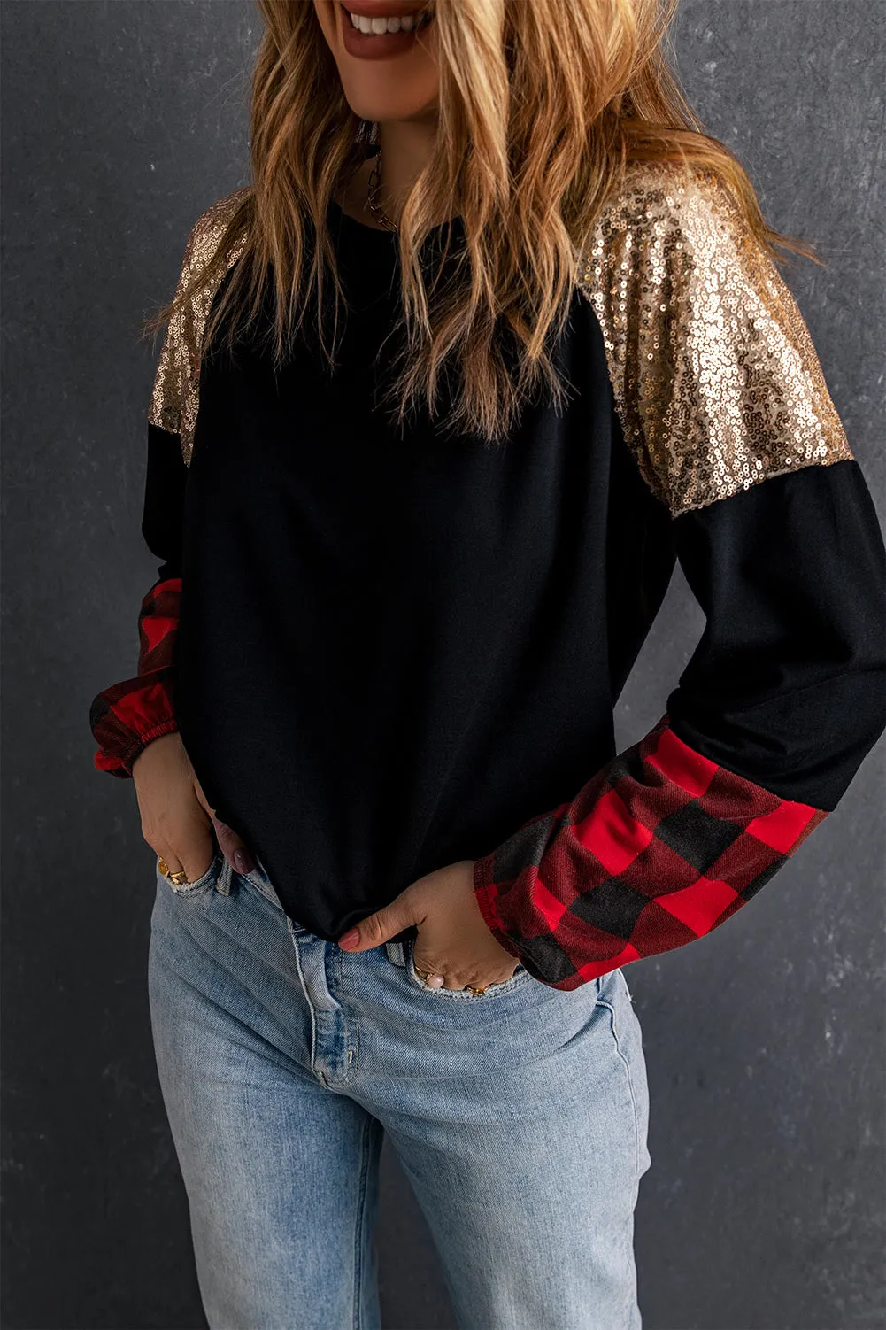 Crewneck Plaid Splicing Blouse