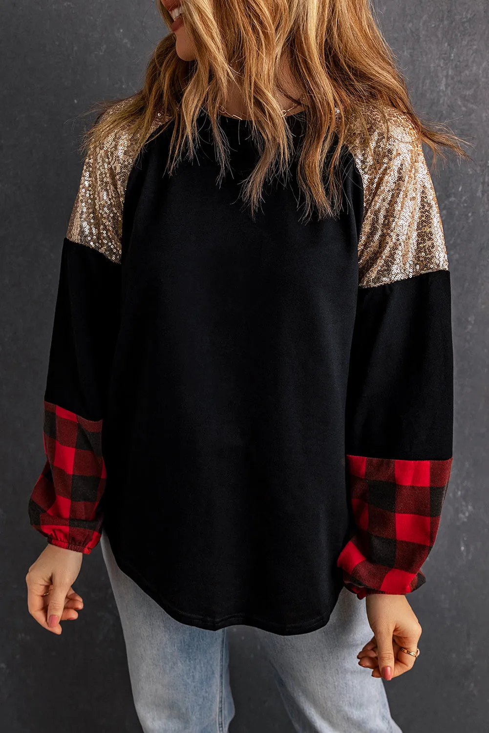 Crewneck Plaid Splicing Blouse