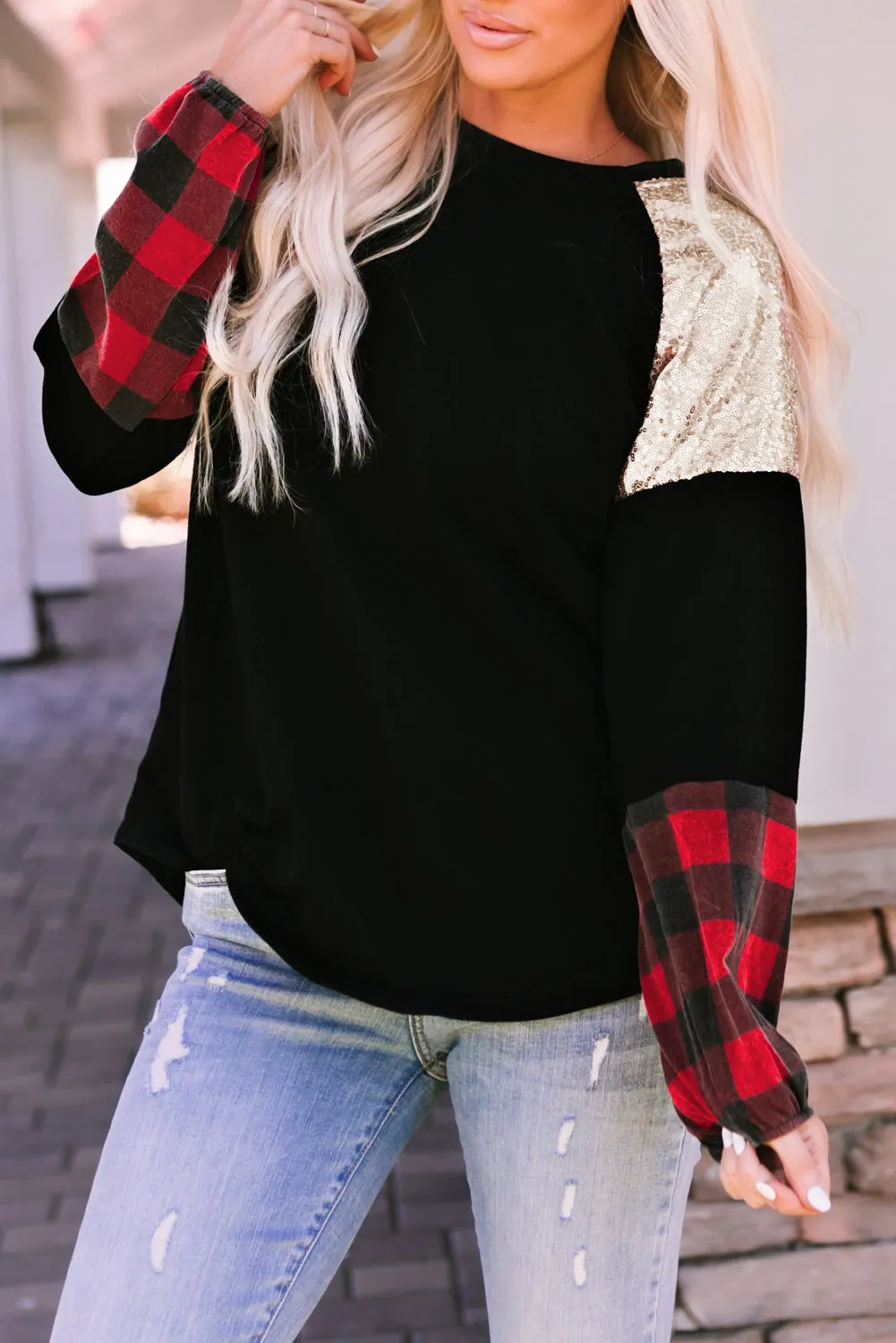 Crewneck Plaid Splicing Blouse