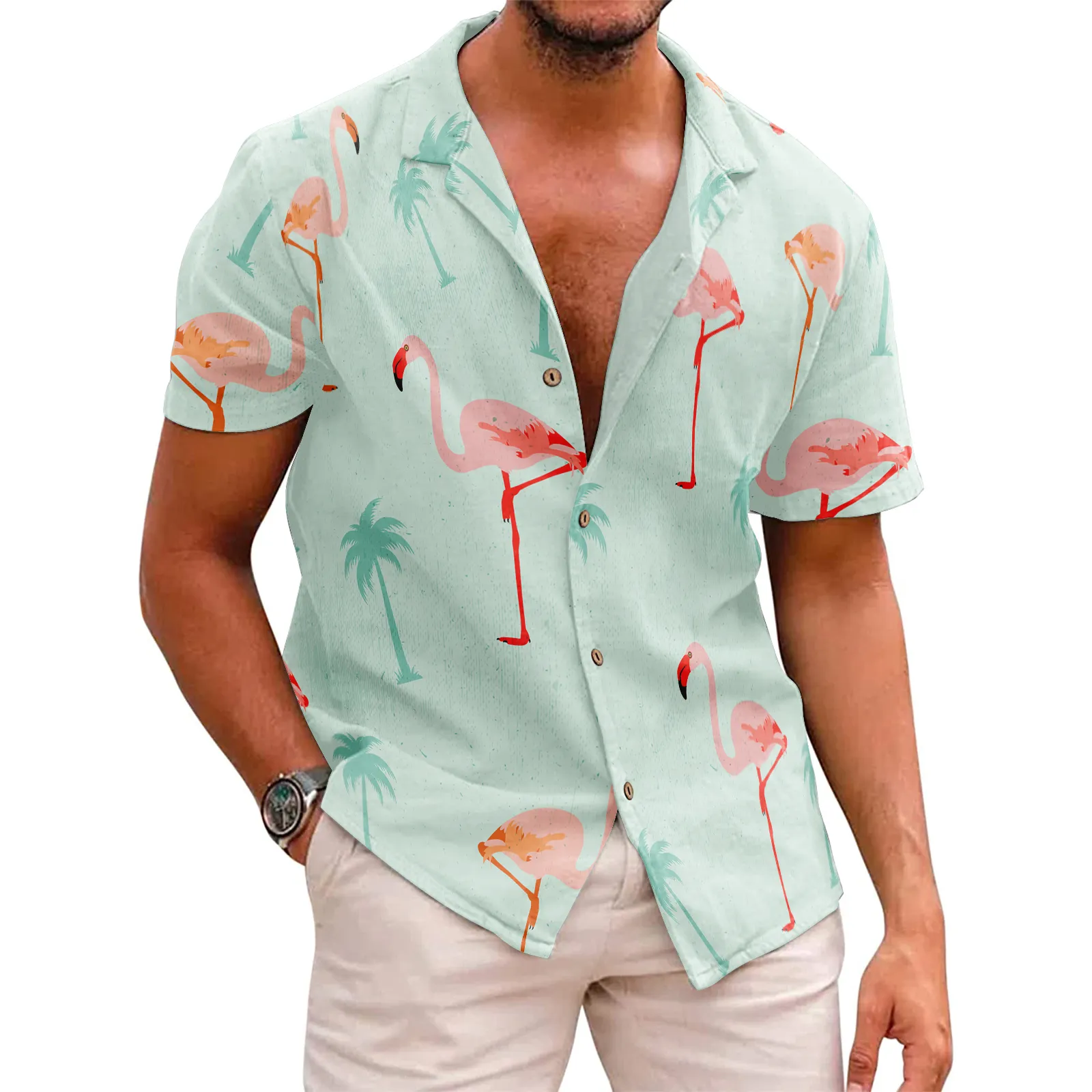 FLAMINGO PRINTED ALOHA SHIRT