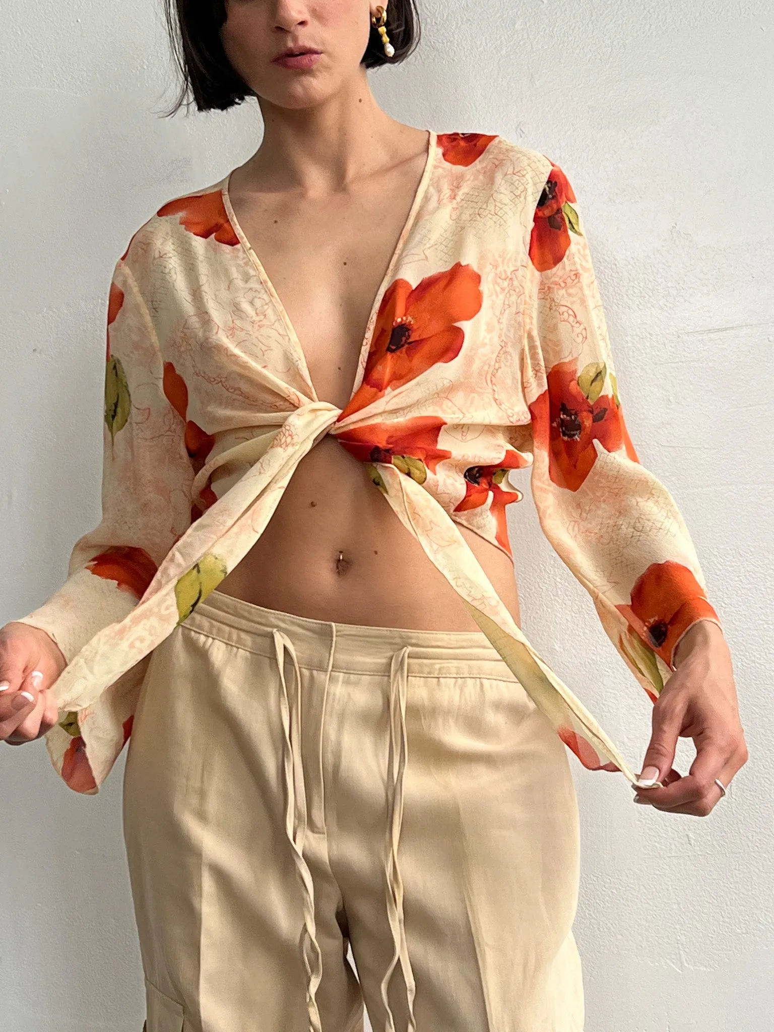 Floral Sheer Silk Tie Front Blouse (S)