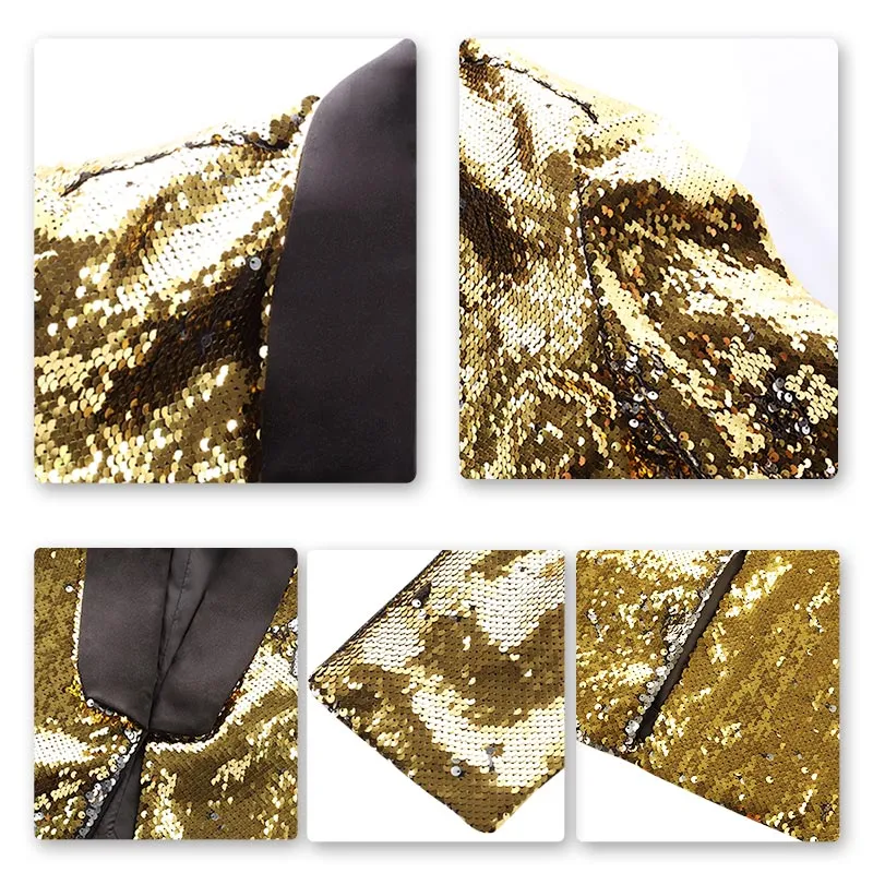 Gold Buttonless Reversible Sequins Satin Collar Blazer