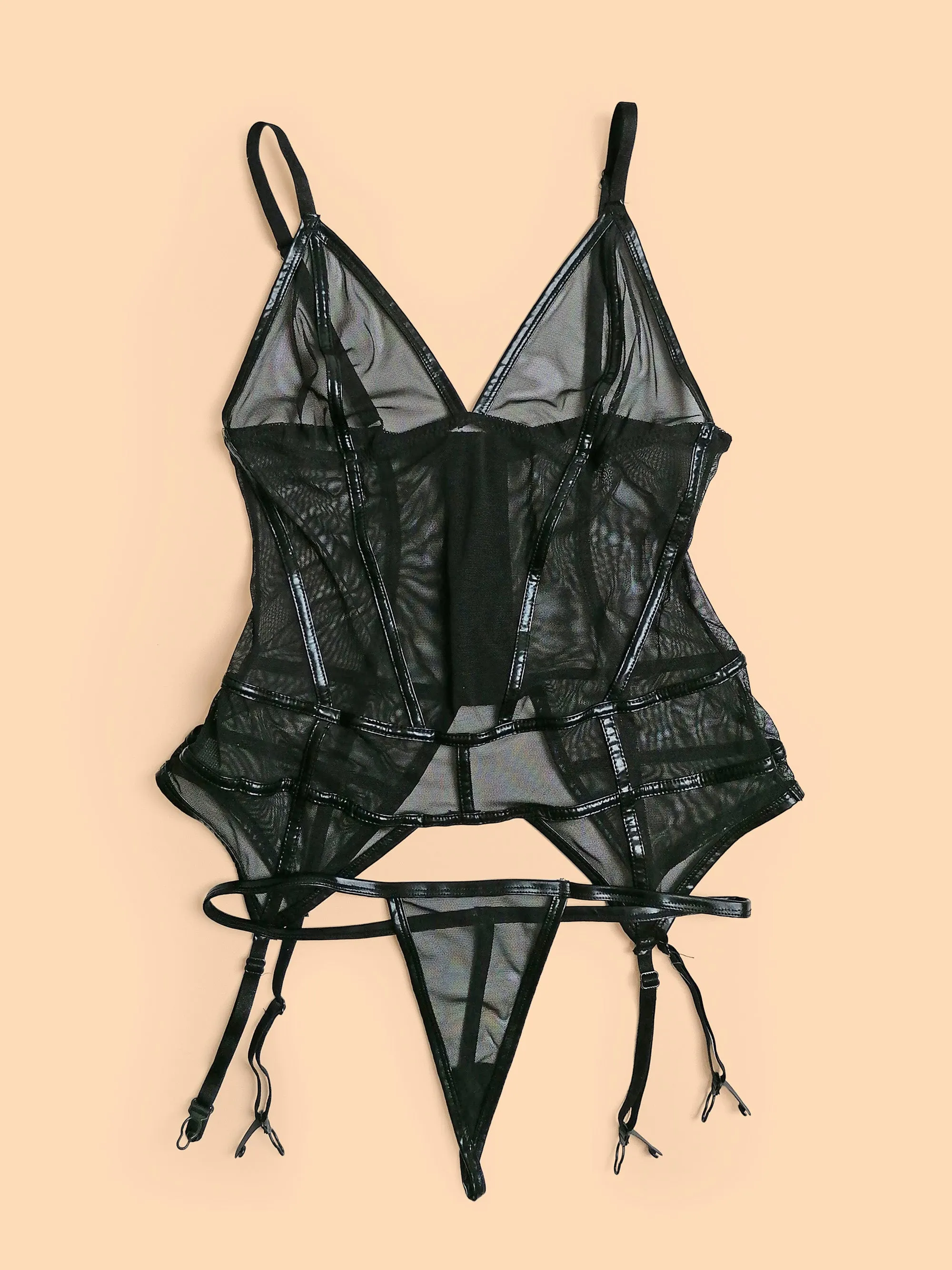 Mesh Corset Top and Thong Black Lingerie Set - size S-M