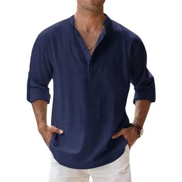 Navy Blue Stylish Cotton Linen Full Sleeves Regular Fit Short Kurta Shirt