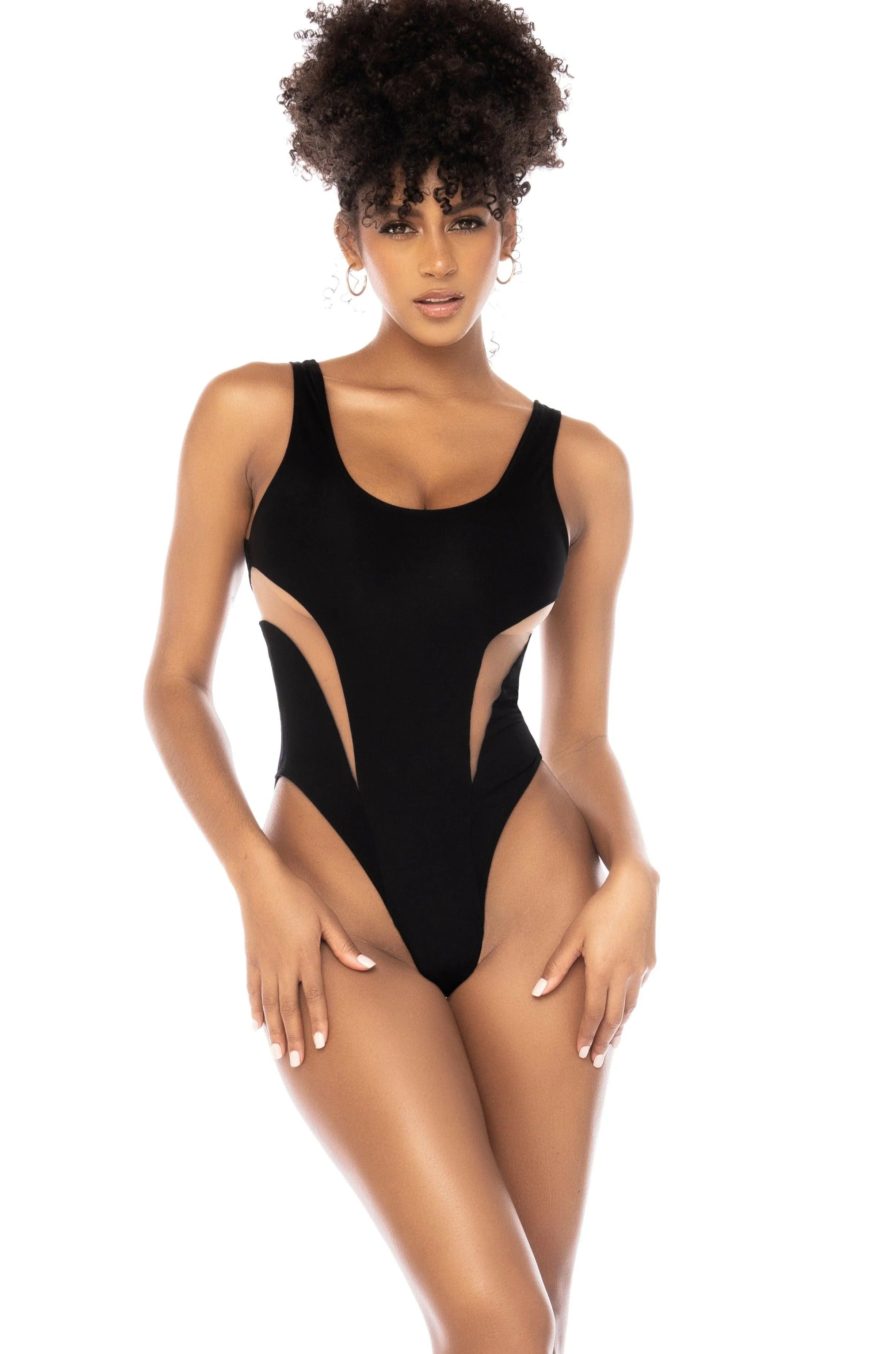 One Piece Swimsuit with Sheer Mesh Contrast