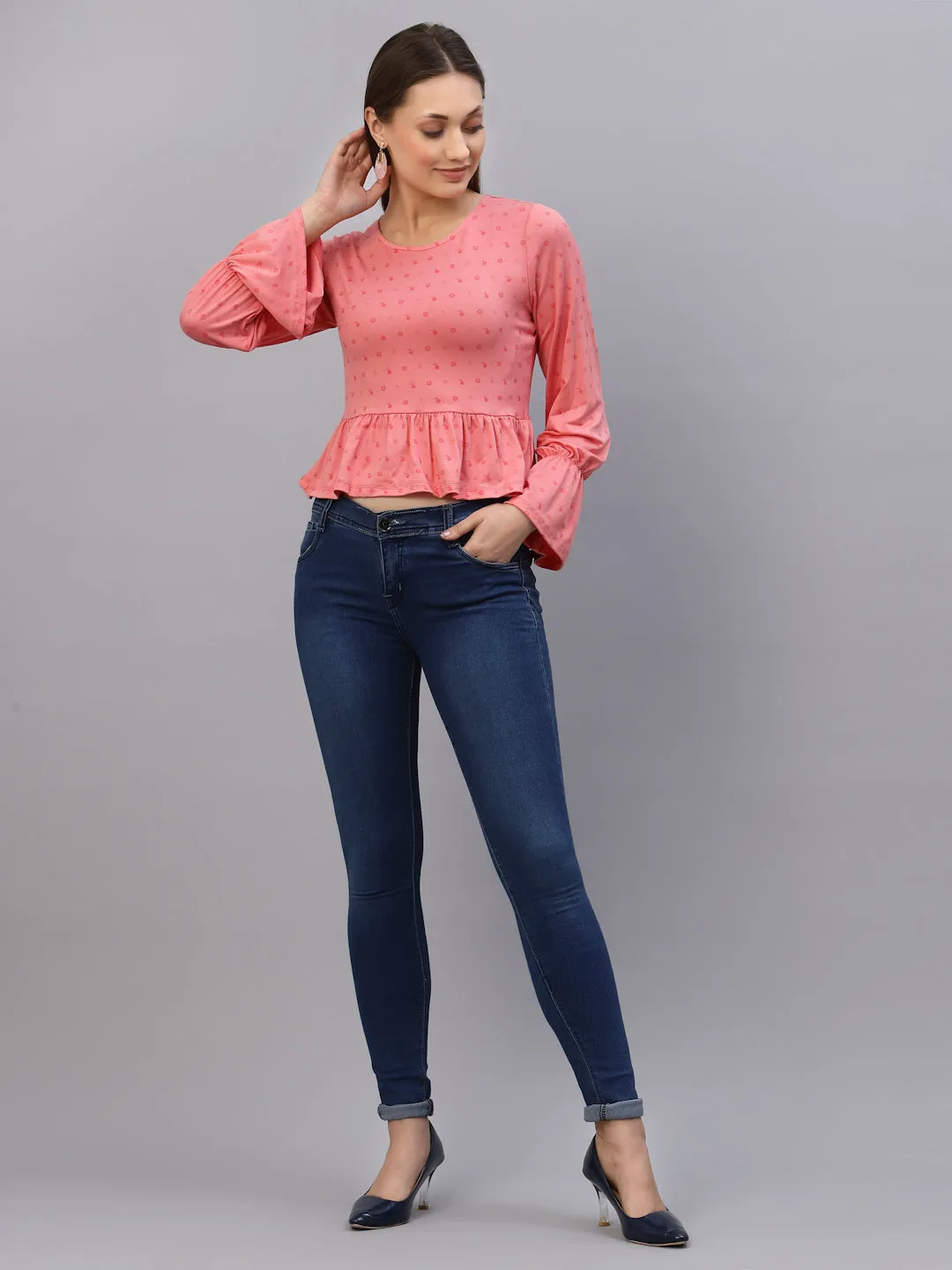 Peach Printed Peplum Top