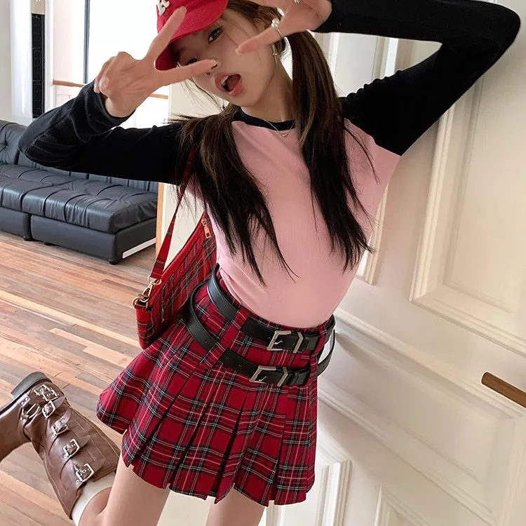 Red Plaid Double Belt Skirt