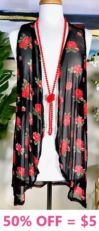 Red Rose Black Sheer Vest