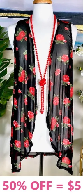 Red Rose Black Sheer Vest