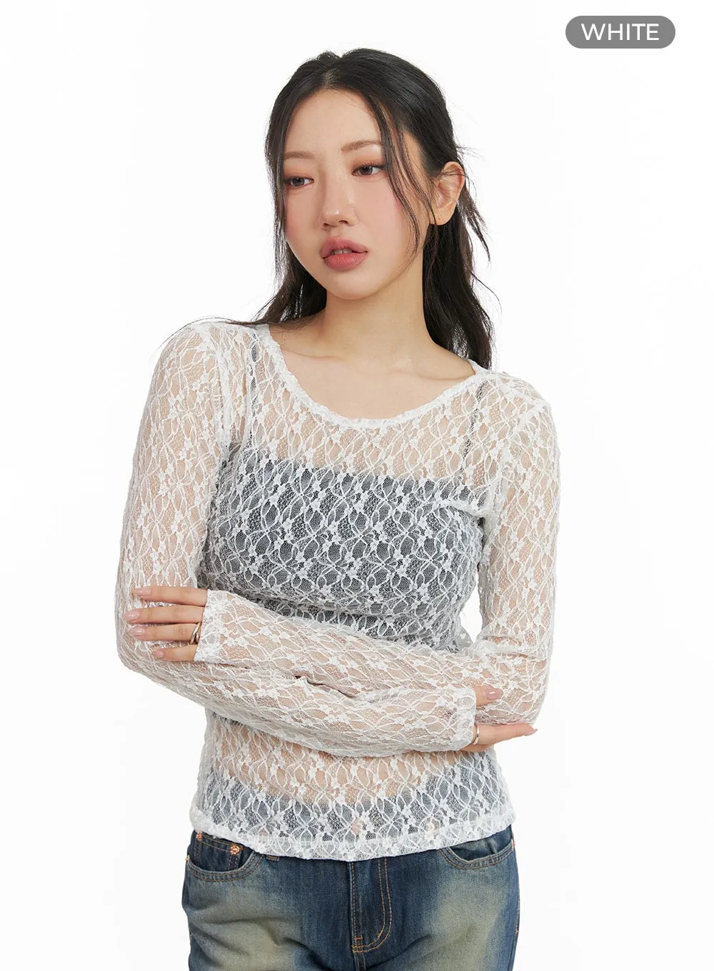 Round Neck Sheer Lace Top CM426