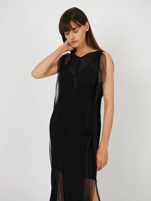 Sheer Wave Panel Floorlength Dress in Black