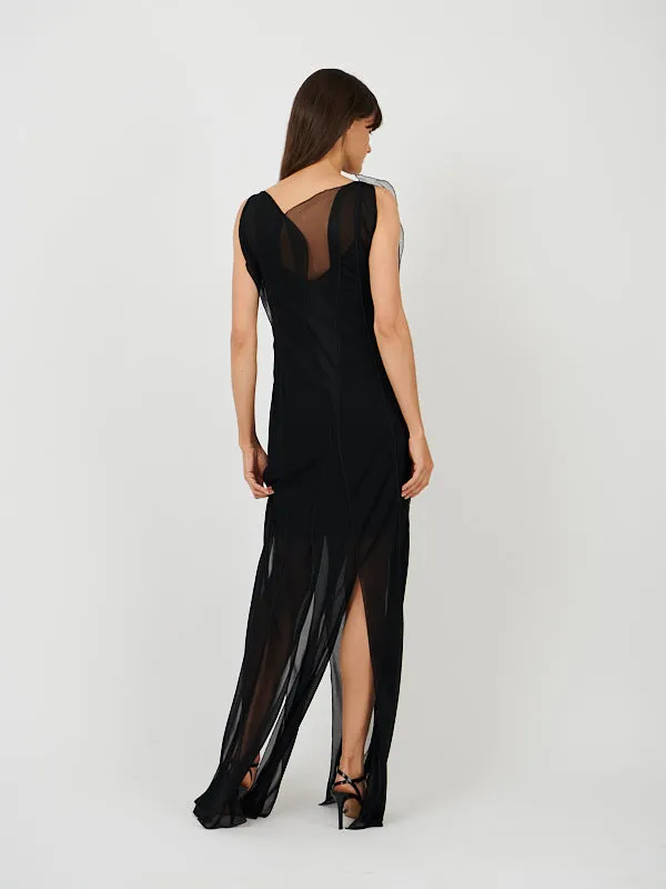 Sheer Wave Panel Floorlength Dress in Black