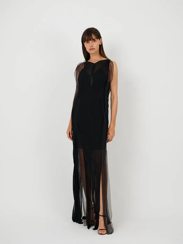 Sheer Wave Panel Floorlength Dress in Black