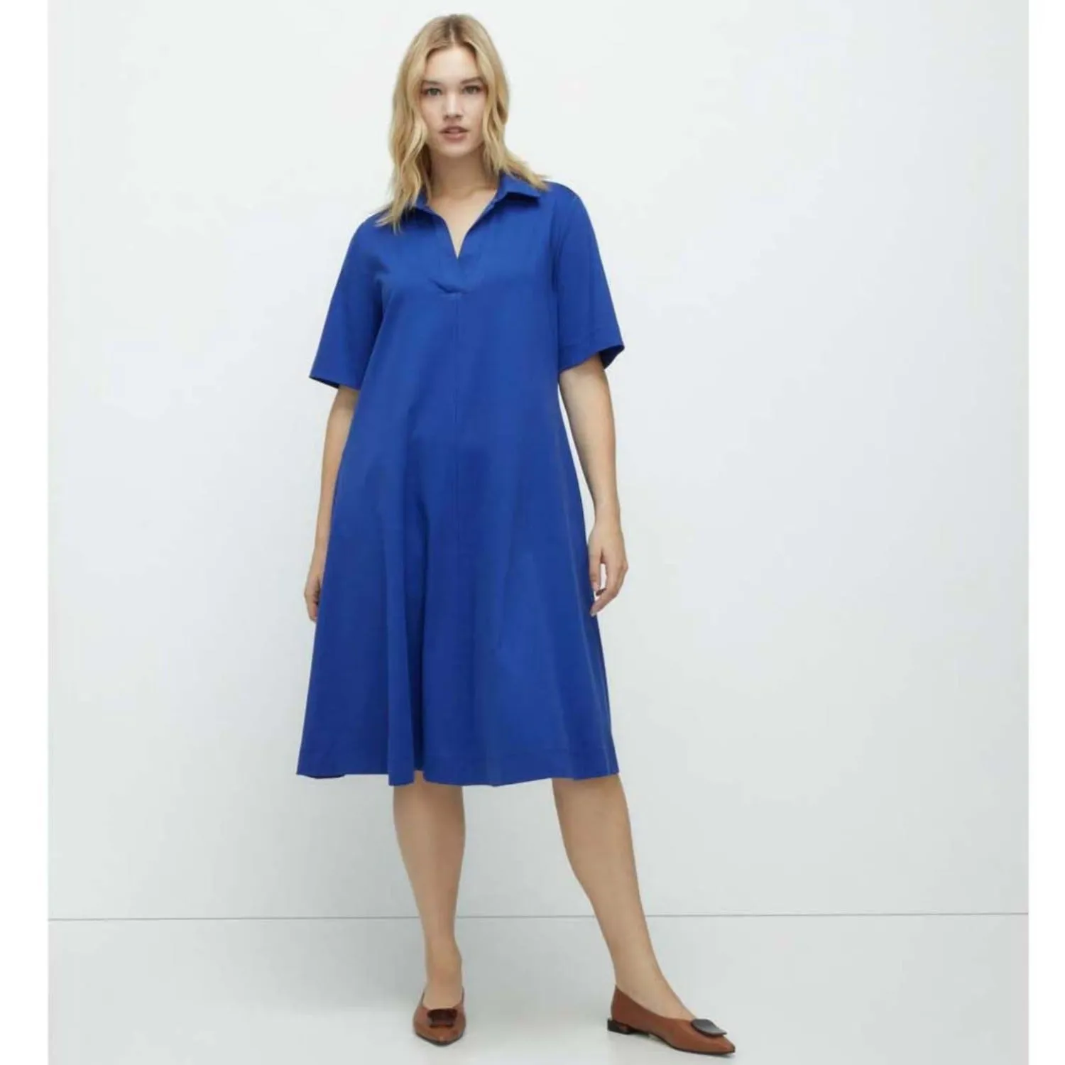 Short Plain-Coloured Mercerised Knit Dress - Blue