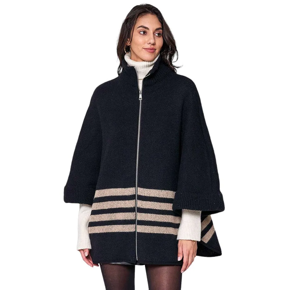 Sporty Bordered Zip Up Knit Cape Poncho Ruana