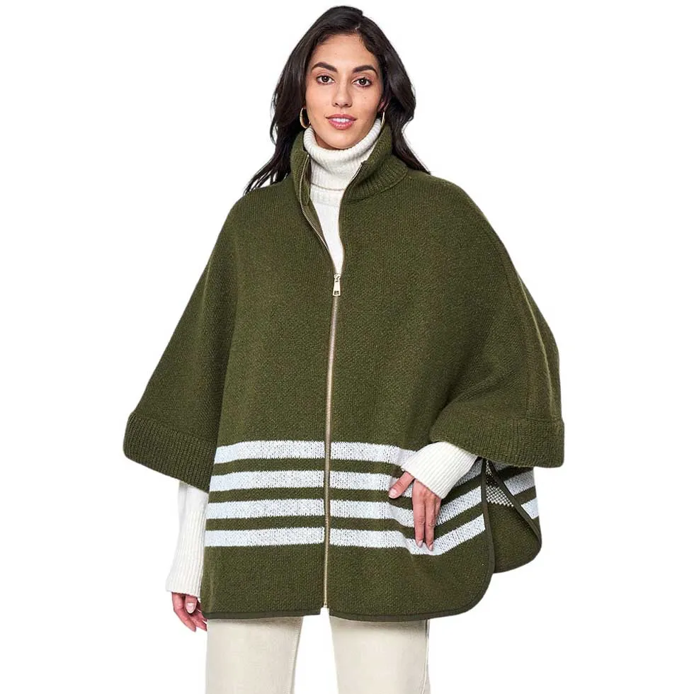 Sporty Bordered Zip Up Knit Cape Poncho Ruana