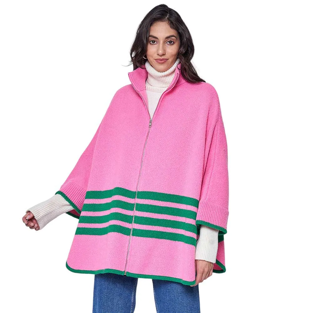 Sporty Bordered Zip Up Knit Cape Poncho Ruana