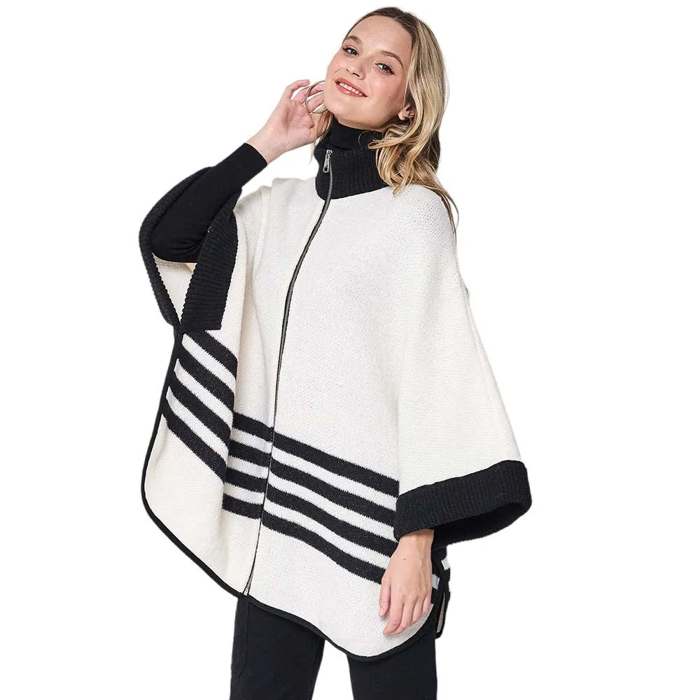 Sporty Bordered Zip Up Knit Cape Poncho Ruana