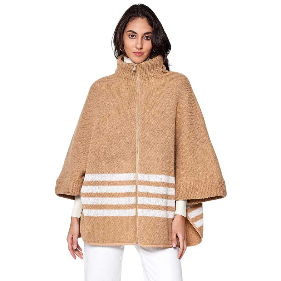 Sporty Bordered Zip Up Knit Cape Poncho Ruana