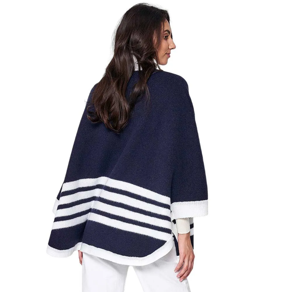 Sporty Bordered Zip Up Knit Cape Poncho Ruana