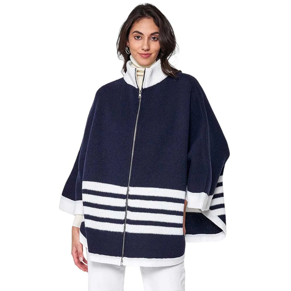 Sporty Bordered Zip Up Knit Cape Poncho Ruana