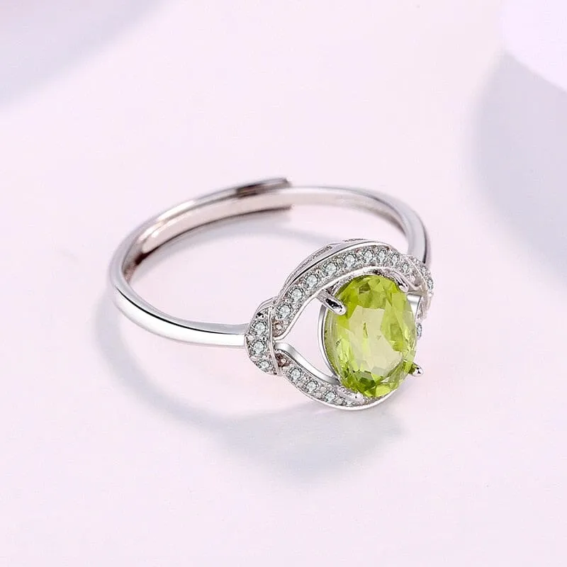 Stylish Natural Green Peridot Quartz Adjustable Ring - 925 Sterling Silver