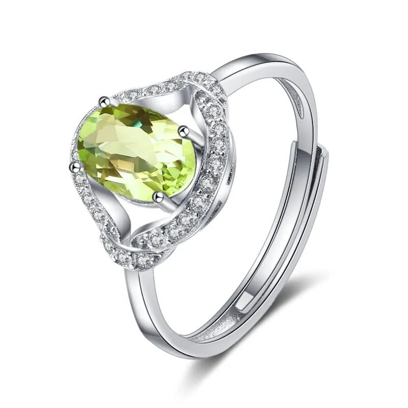 Stylish Natural Green Peridot Quartz Adjustable Ring - 925 Sterling Silver