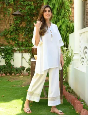 White Designer Cord Set Women Tunic Trouser